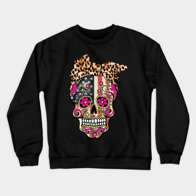 American Flag Sugar Skull Leopard Bow Crewneck Sweatshirt by ANGELA2-BRYANT